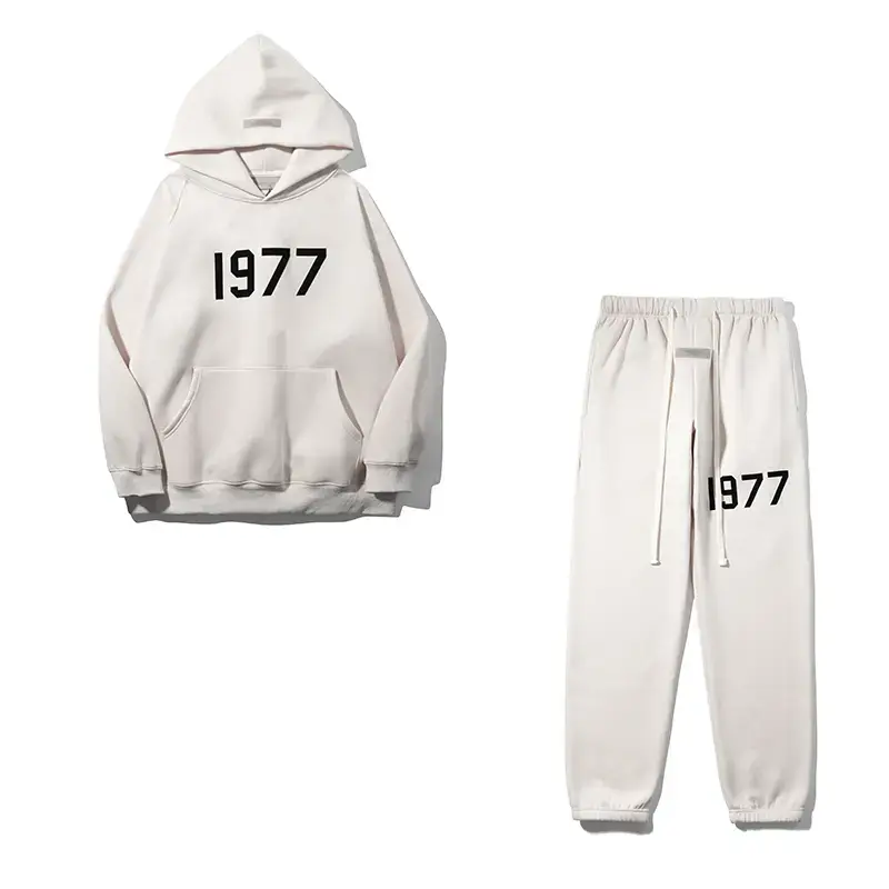 American Retro 1977 Flocked Printed Fleece-Lined Hooded Sweatshirt for Men, Loose Casual Suit, Essentials Pants