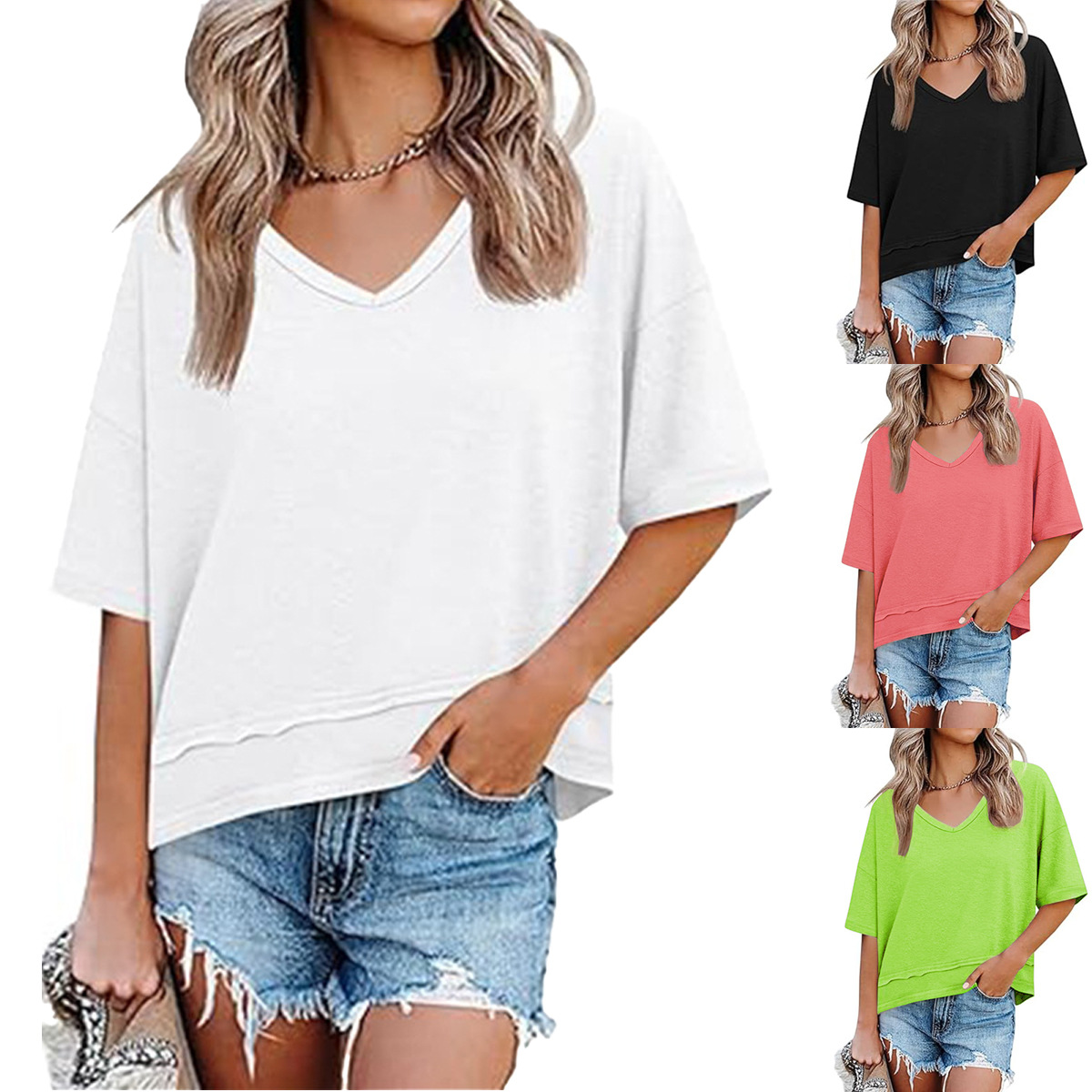 2026 Summer New European and American Amazon Cross-Border Fashion Women's Solid Color Patchwork Short-Sleeve V-Neck Loose T-Shirt Top