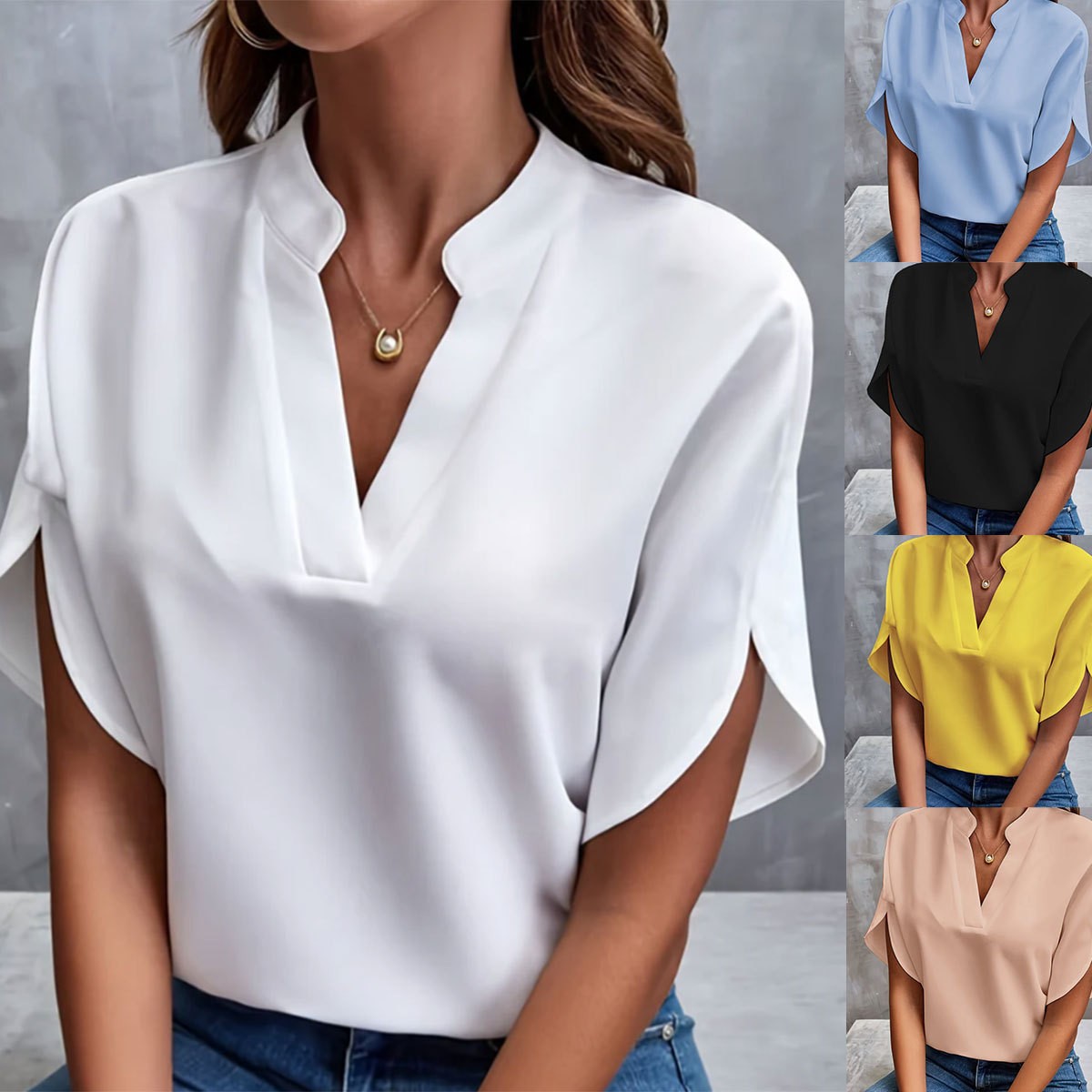 Amazon Foreign Trade 2026 Summer New V-Neck Shirt for Women, Solid Color Casual Versatile European and American Short-Sleeve Pullover Shirt