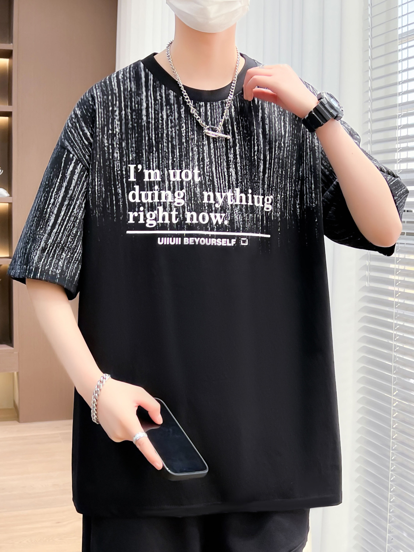 Gradient Color Short-Sleeve T-Shirt for Men, Trendy Brand, Summer Mid-Sleeve American Street Style, Harajuku Style Clothing, Instagram-Style Hong Kong Style, Loose Fit, Versatile