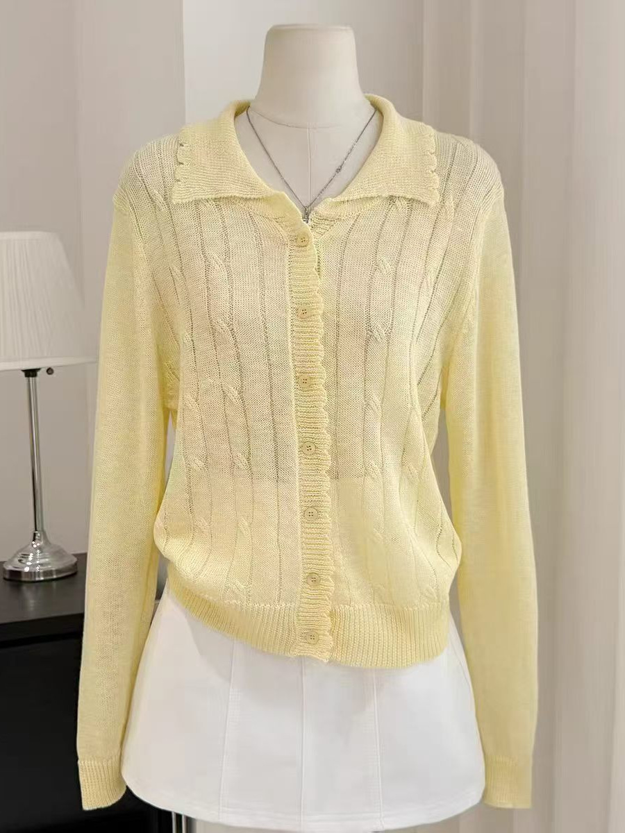 Thin Spring Clothing 2026 New Style Twist Design Polo Collar Sun Protection Jacket Knitwear White Hollow Lace
