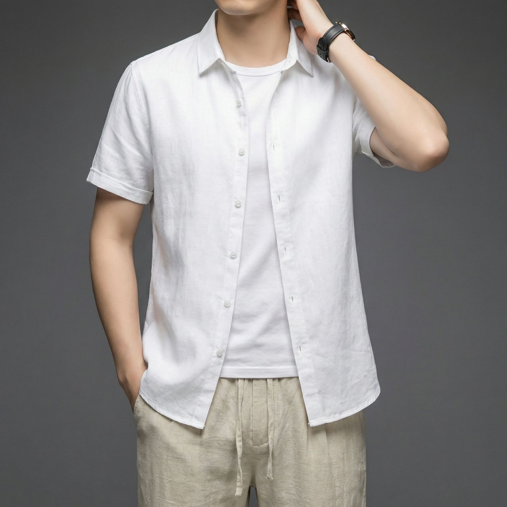 Solid Color Linen Lapel Short-Sleeved Cardigan for Men, Simple and Versatile Comfortable Shirt, Summer Breathable Casual Jacket Wholesale