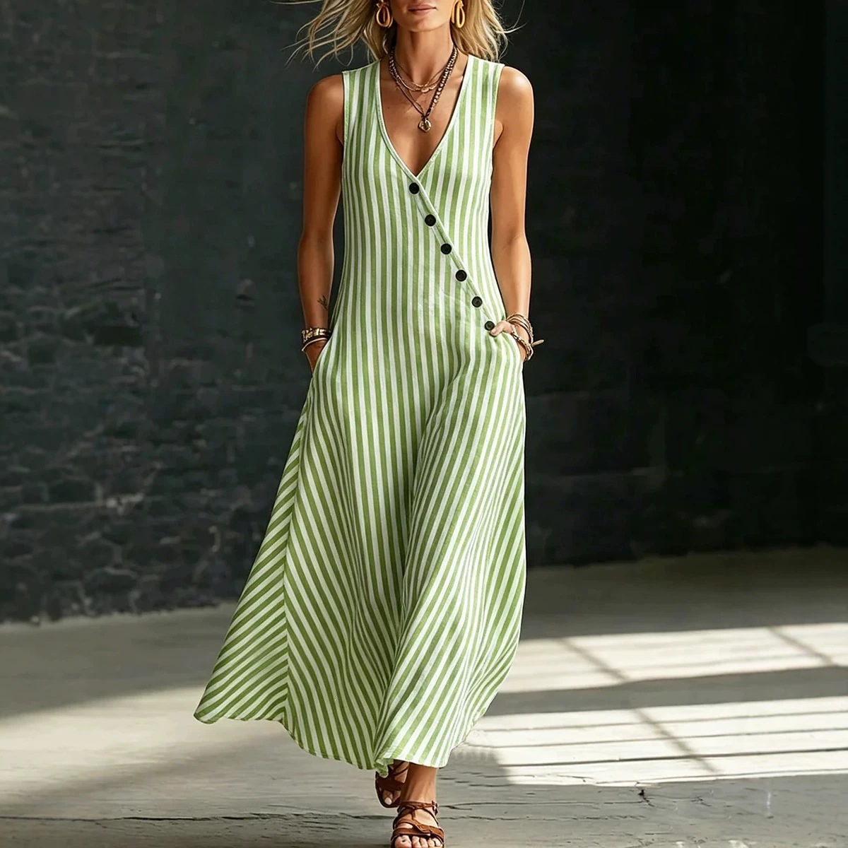 2026 European and American Cross-Border Tiktok Spring/Summer Lazy Style V-Neck Buttoned Striped Long Dress Sleeveless Tank Dress