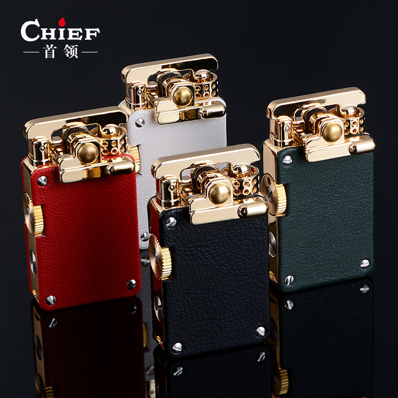 Leader alloy vintage grinding wheel windproof rocker arm kerosene lighter classic carved leather personalized gift for boyfriend