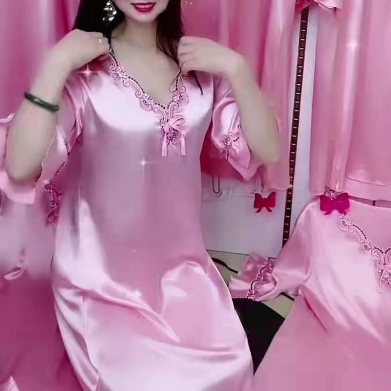 Summer Thin Silk Large Size Short-Sleeved Nightgown Pajamas Female Sexy Lace Ice Silk Home Wear Mid-Length Dress