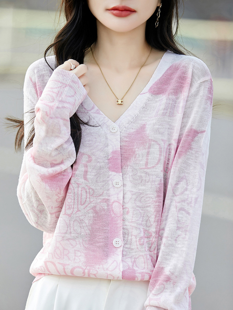 Spring and Summer New Style V-Neck Long-Sleeve Air Conditioning Shirt, Bamboo Linen Tie-Dye Long-Sleeve Knit Cardigan for Women, Sweet and Stylish Thin Top