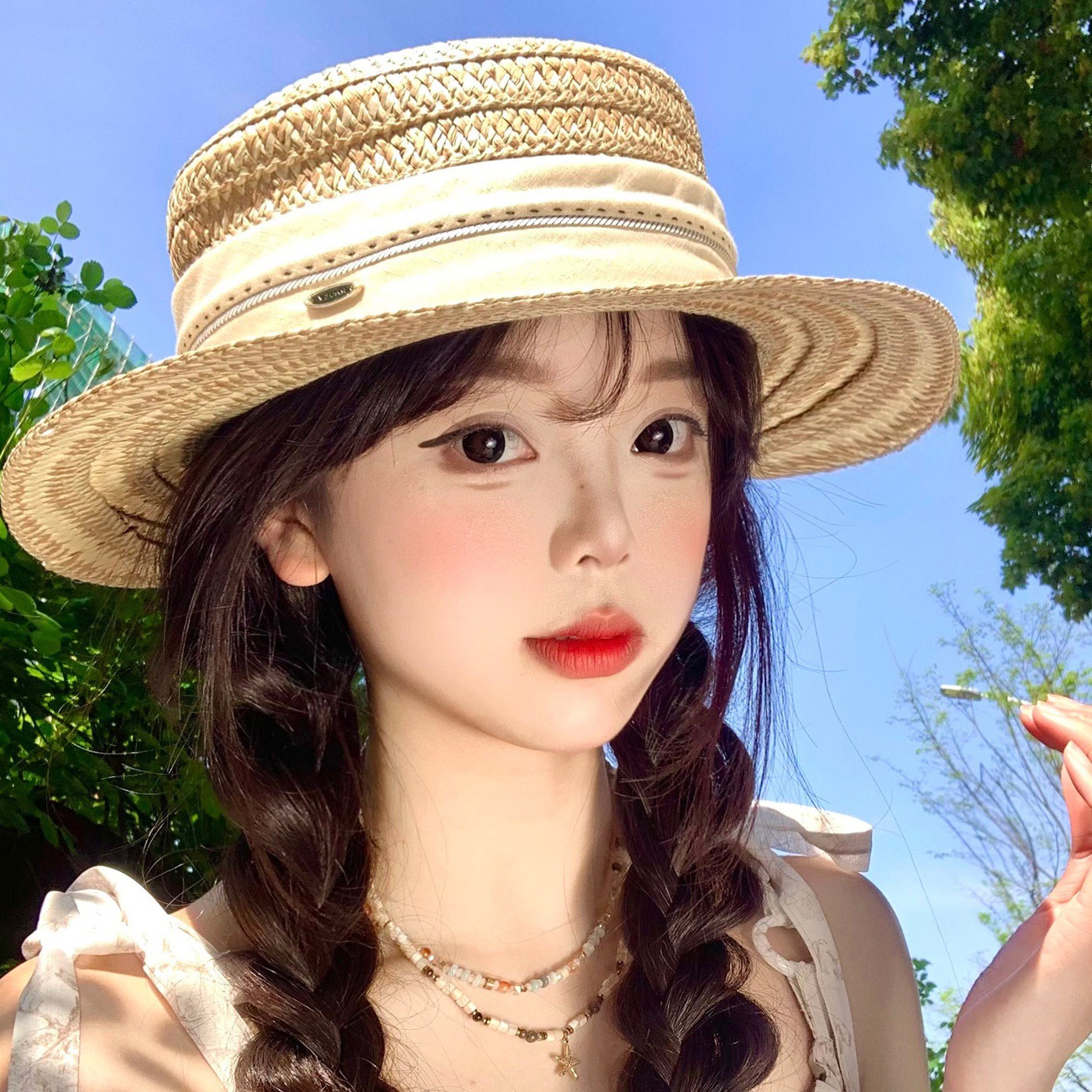 Old Money Style Retro Flat-Top Straw Hat for Women, Summer Vacation Photo Shoot Elegant Hat, Beach Sun Protection Hat