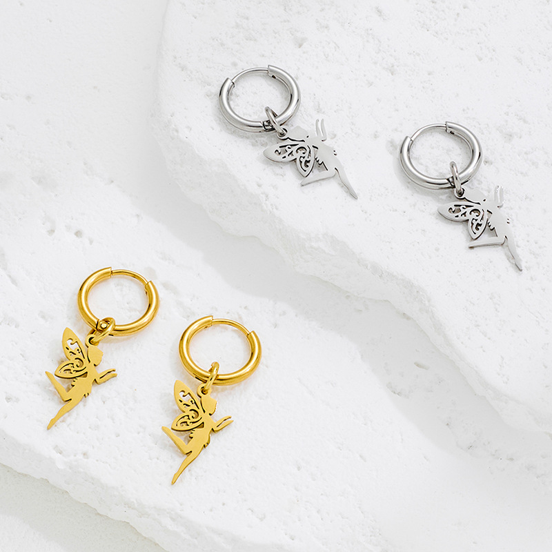 Cross-Border Cartoon Character Butterfly Fairy Pattern Pendant Earrings for Girls, Fashionable Stainless Steel Material 18K Gold Earrings
