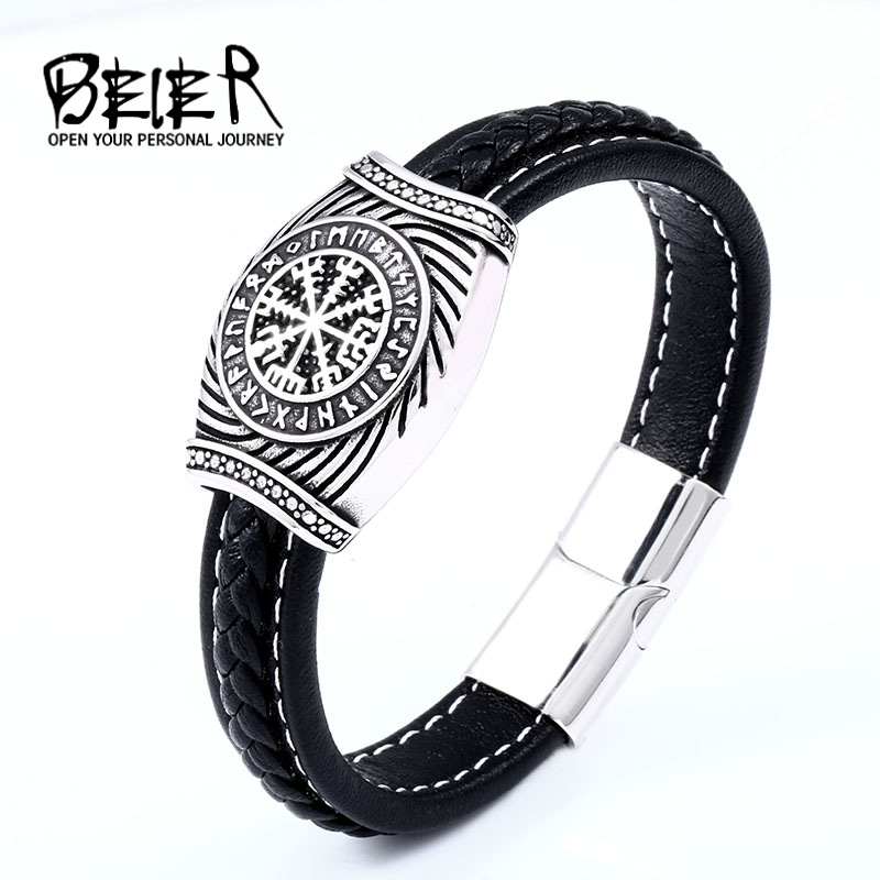 beier Nordic Viking Odin Triangle Letter Leather Bracelet Vintage Stainless Steel Men's Leather Bracelet Jewelry Wholesale