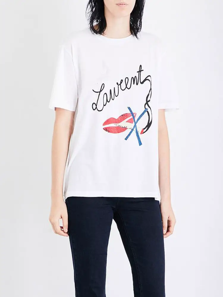 Fashion Trendy No Smoking Print Cotton Round Neck Short Sleeve TEE T-shirt Tops Men's and Women's Couple