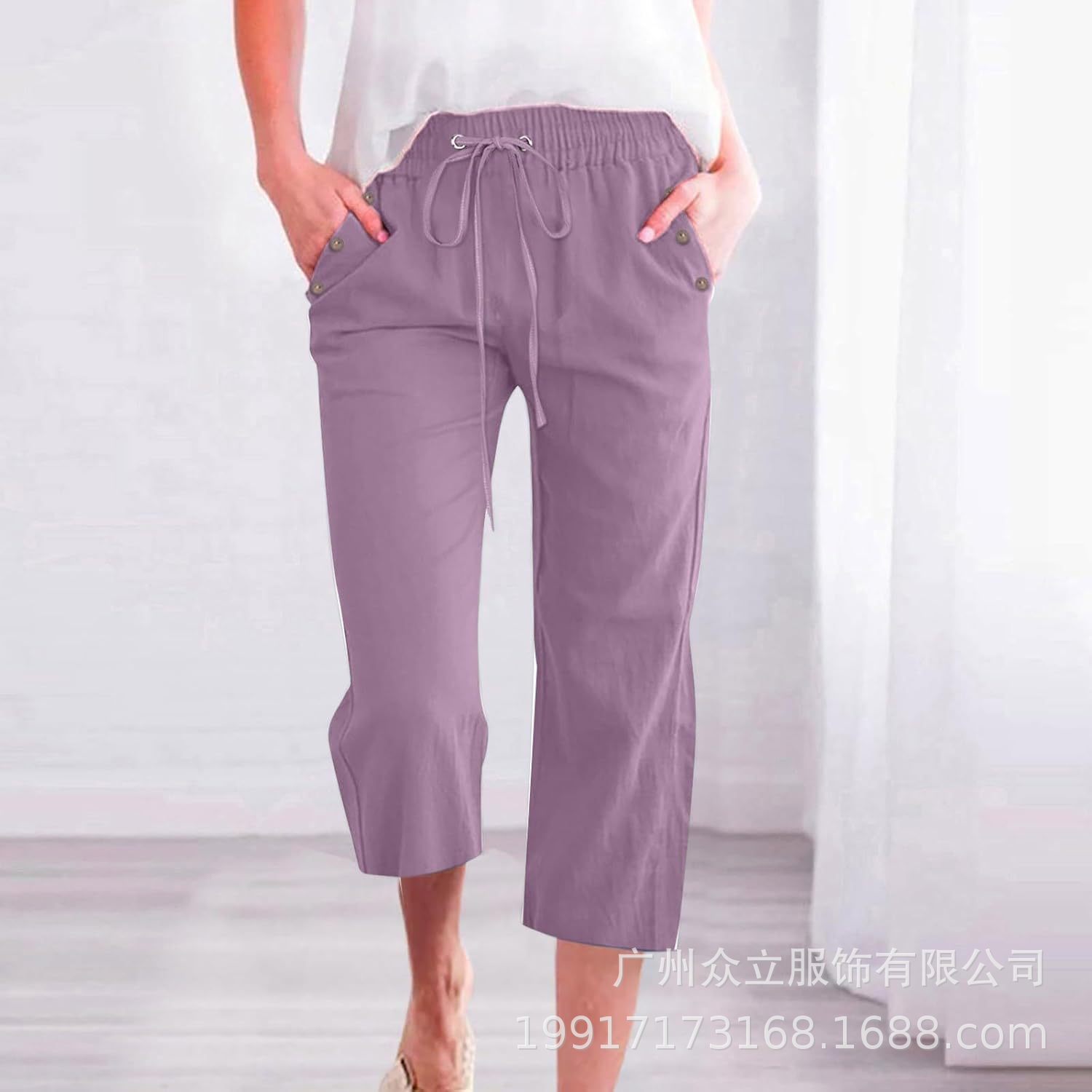 Amazon Cross-Border Wish Women's Solid Color Drawstring Cotton and Linen Casual Loose Straight Pocket Home Wear Cropped Pants