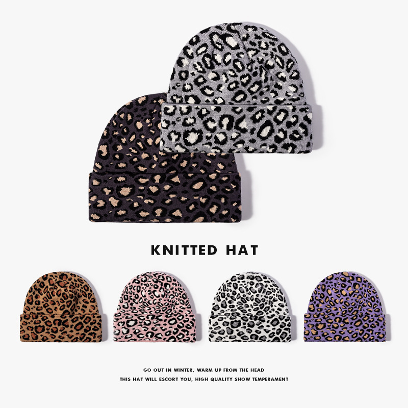 European and American Fashion Winter Jacquard Knitted Hat Women's Outdoor Beanless Warm Leopard Print Cold Hat Thickened Ear Protection Wool Hat for Men