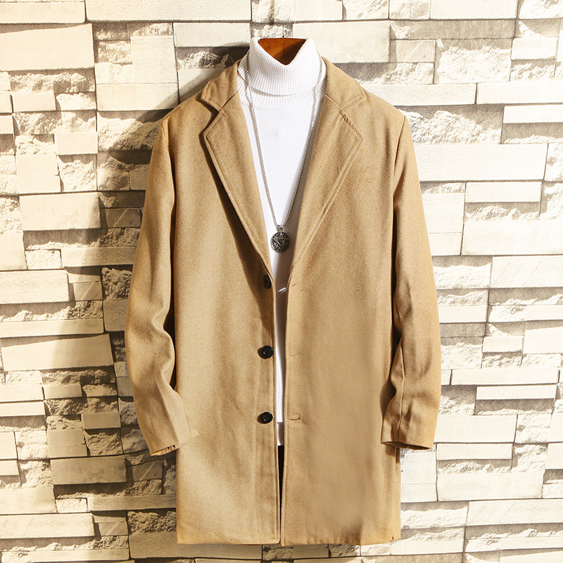 Autumn and Winter Mid-length Windbreaker Men's Korean-style Slim-fit Fashion Coat Woolen Coat Youth Trendy Clothes