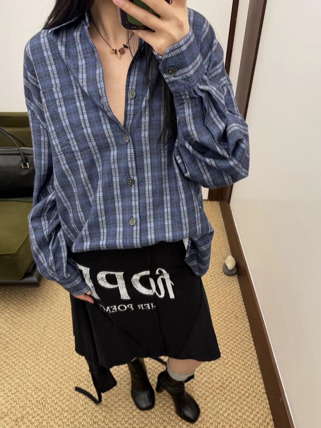 Ol Style Blue Plaid Shirt Casual Loose 3D Digital Print Curved Hem Spring and Summer Long-Sleeved Shirt