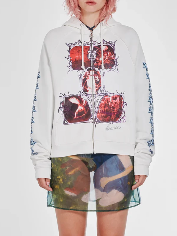 He*Enm Season Print Hooded Loose Composite Fleece Zipper Long-Sleeve Sweatshirt Unisex Jacket