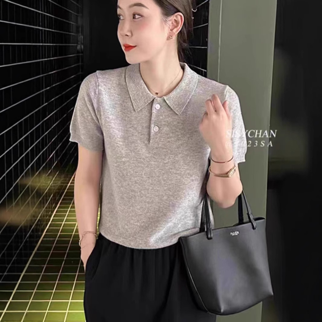 German Yangzi Yarn Fine Wool POLO Collar Knitted Shirt Short-sleeved Spring and Summer Thin Elegant Shirt Collar T-shirt Women's Trendy