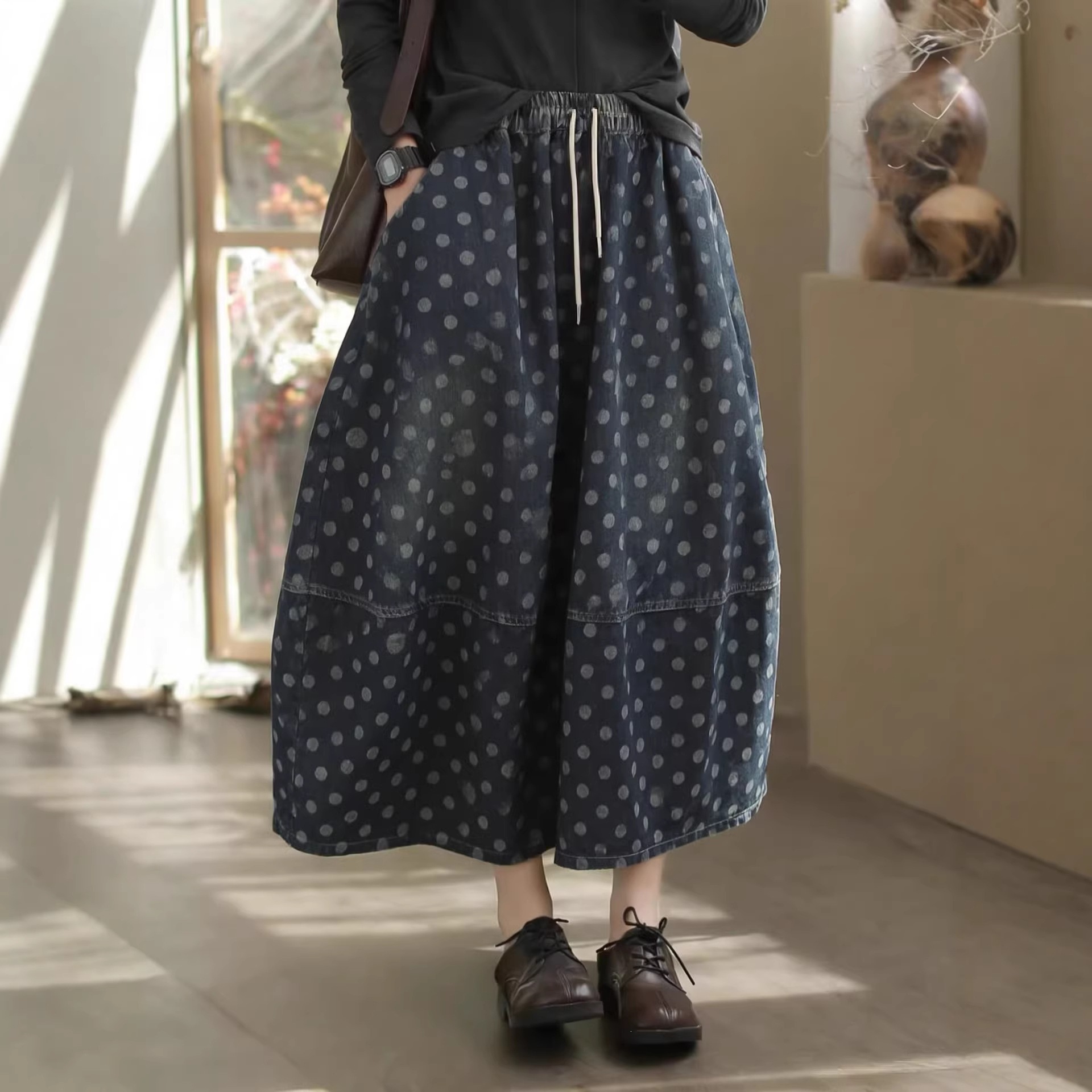 Tencel Denim Polka Dot Print Skirt 2026 Spring and Summer New Style Elastic Waist Tie Bud Skirt for Women 6663