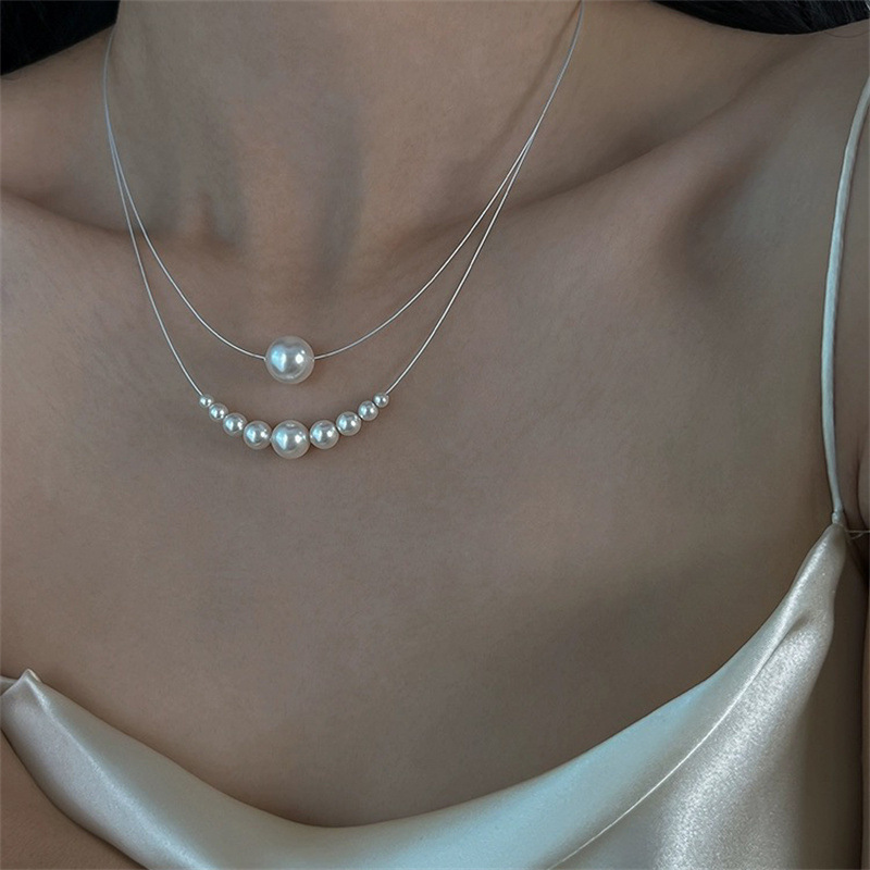 Strong Light Round Pearl Steel Wire Versatile Light Luxury High-End Simple Elegant Single Pearl Vintage Necklace