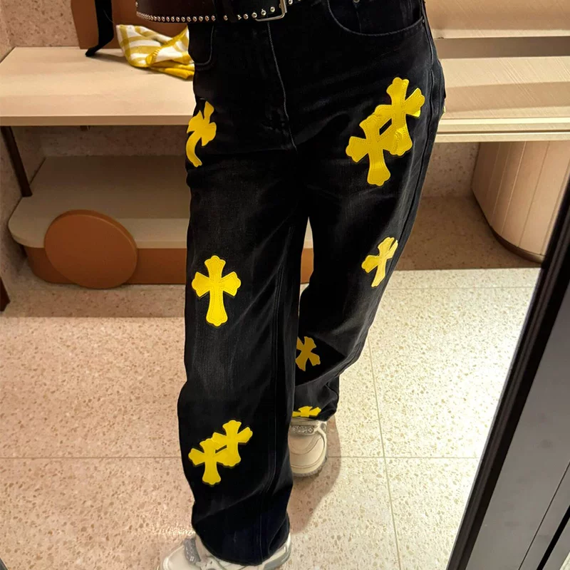 2025 new jeans cross high street American style vintage trend brand loose straight leg wide leg pants for both men and women