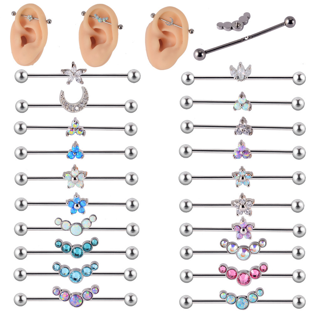New G23 Titanium Industrial Barbell Earrings 14g Puncture Double Ear Holes Ear Bridge Cross-border Opal Moon Flower Earrings