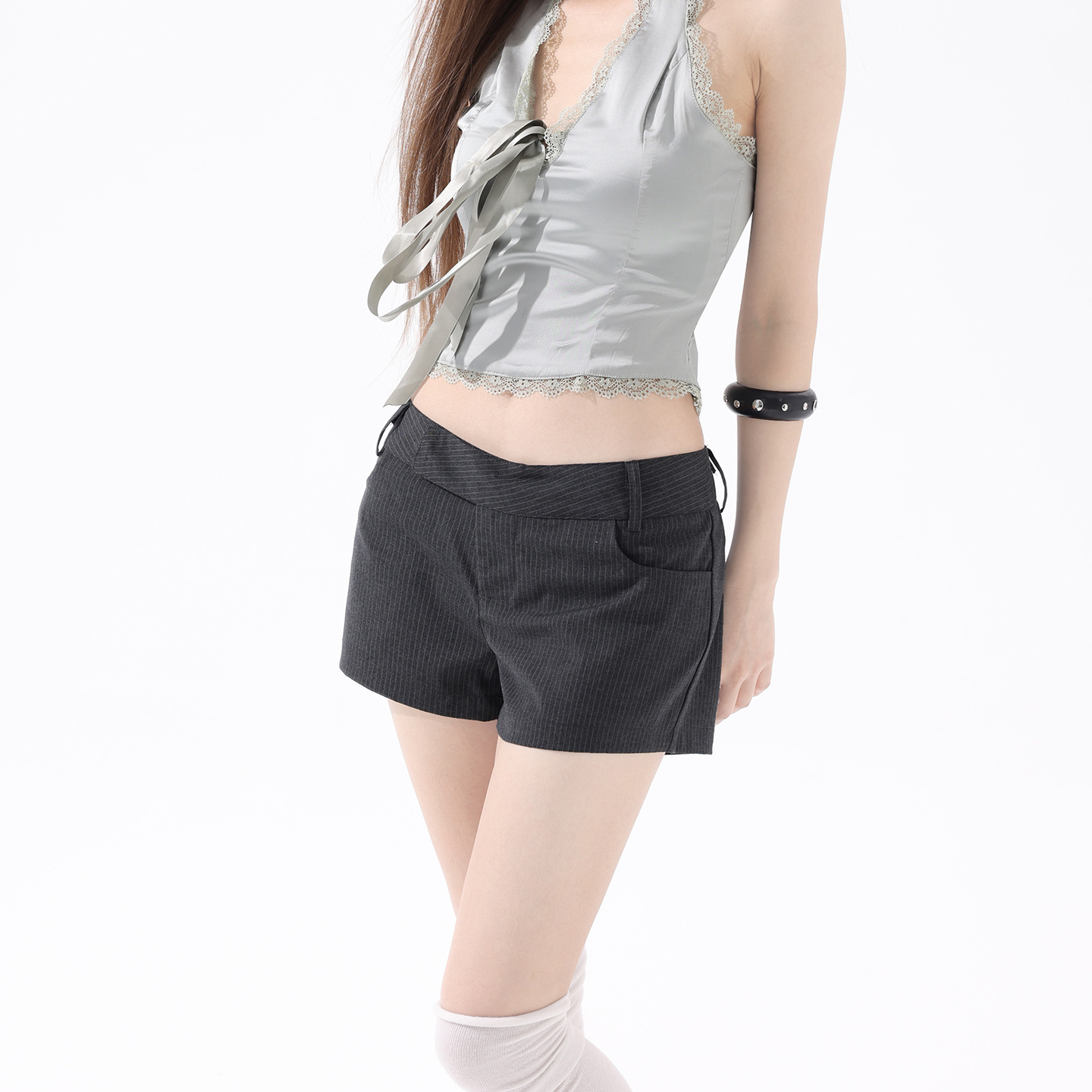 Dark Gray Vertical Striped Suit Casual Shorts for Women, 2026 Summer New Low-Waist A-Line Slimming Hip-Hugging Hot Pants