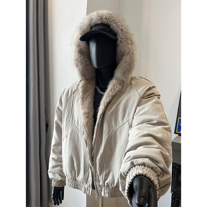 Cleanfit Mountain Carving Fur Collar Hooded Jacket Cotton Coat for Men, Winter Thickened Warm American Style Short Cotton Jacket