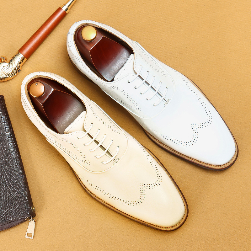 【】Men's Leather Shoes for Business Formal Wear, Genuine Leather Pointed-Toe British-Style Brogue Shoes, Brogue Carved Leather Shoes for Men