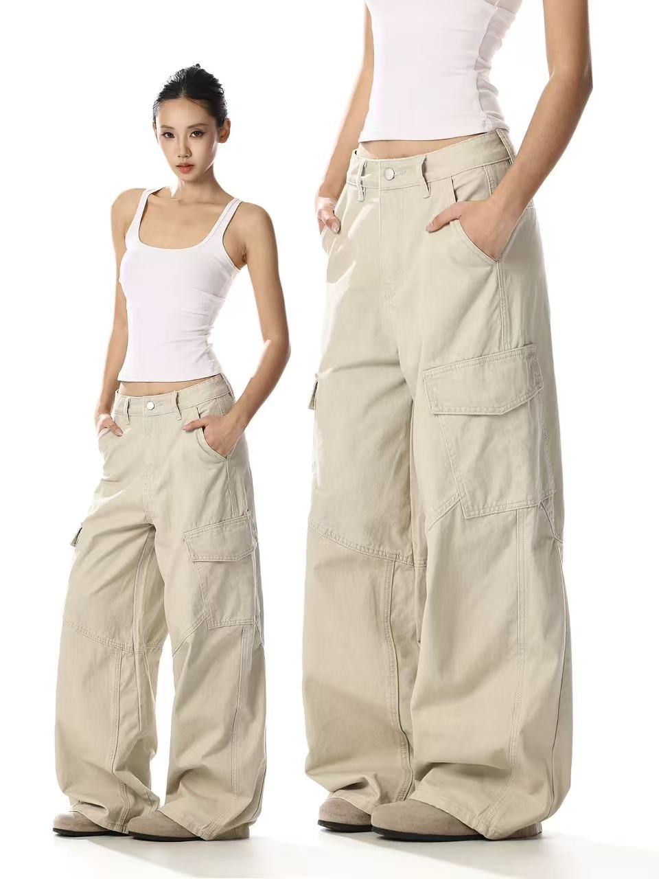 American Retro Style Loose Cargo Pants with Large Side Pockets, Unisex, New Summer Design, Deconstructed Wide-Leg Pants, Trendy Brand