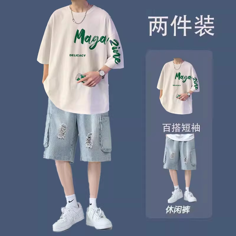 Short-sleeved T-shirt suit men's thin summer Ins fashion brand loose with a set of high street leisure teenagers