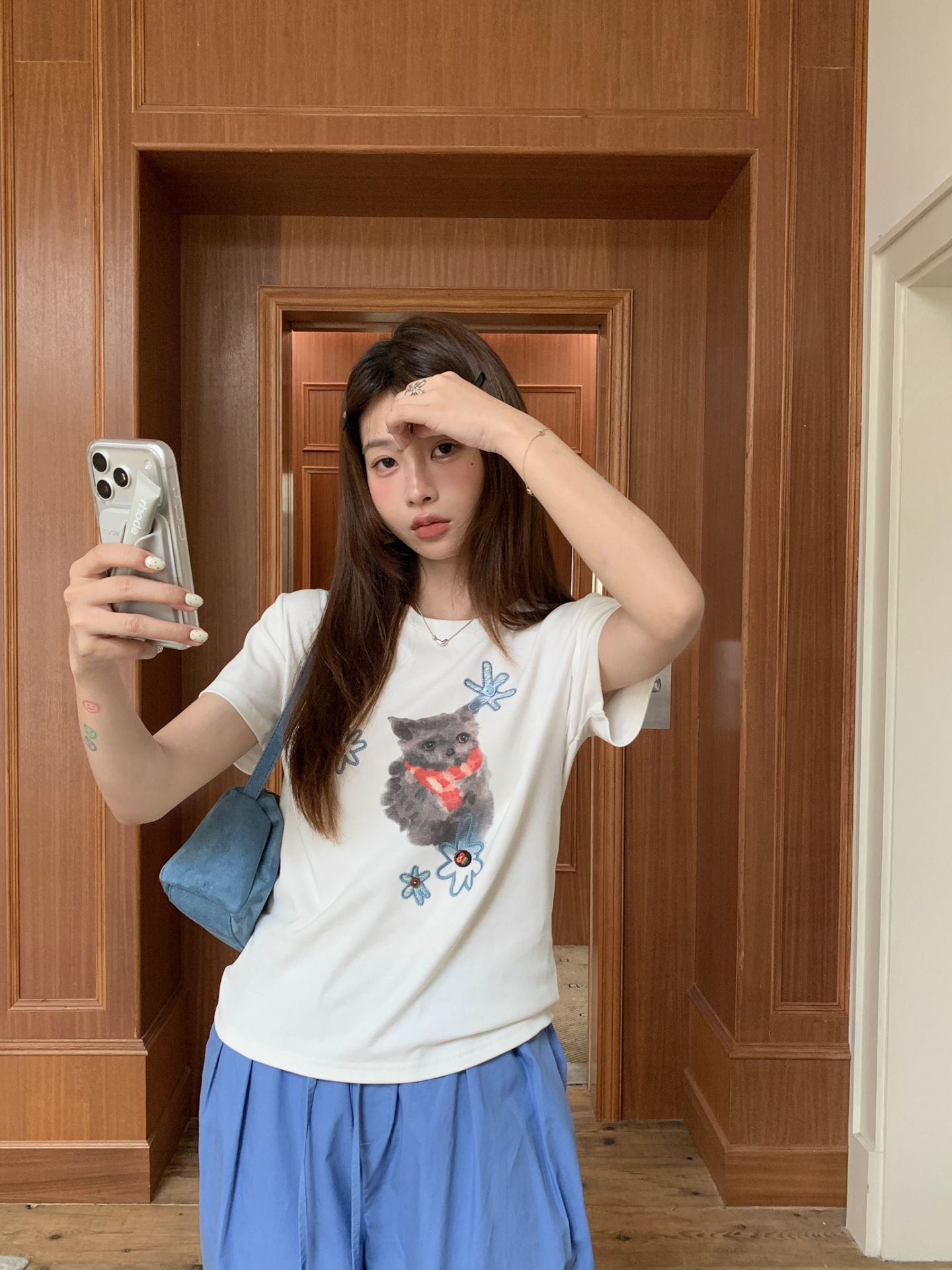 Gagd Heavy Embroidery Button Flower Short Sleeve T-Shirt for Women, Summer Slim Fit Round Neck Short Sleeve Top