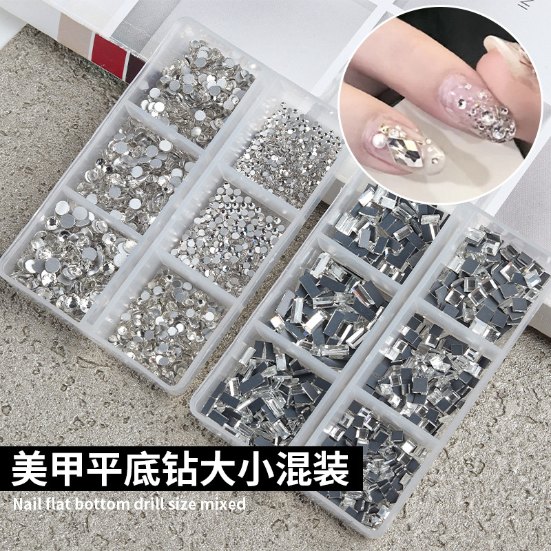 Nail Art Flat-Back Rhinestones, White Small Round Glass Rhinestones, Nail Rhinestones, Square and Long Strip-Shaped Rhinestones, Boxed with Dazzling Sparkle