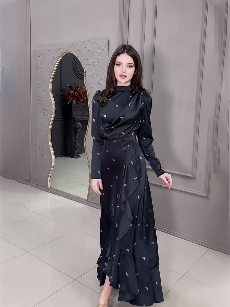 Cross-border independent station Amazon 2024 European and American spring new printed wooden ear slim-fit long sleeve dress