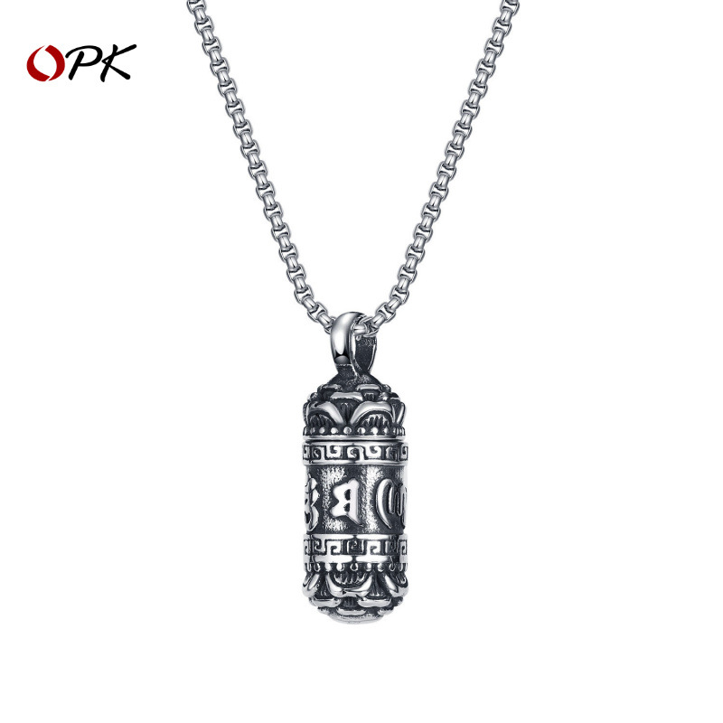Opk Jewelry [Free Shipping] Retro Six-Character Mantra Totem Cylindrical Stainless Steel Pendant Necklace Drop Shipping