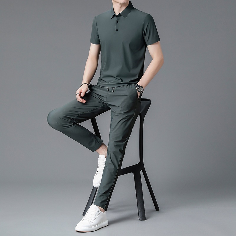 Ice-Feel Running Sportswear Set for Men, Summer Thin Ice Silk Polo Shirt, Men's Casual Set Wholesale