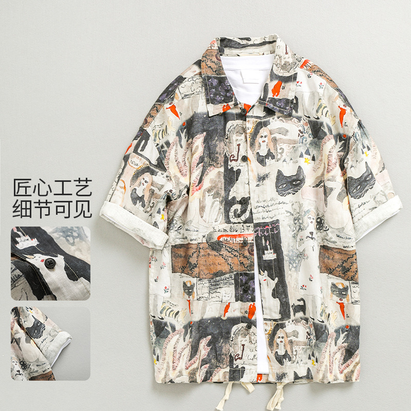 2023 Summer new five-point short-sleeved cartoon Pu Shuai printed top loose casual floral shirt 2675