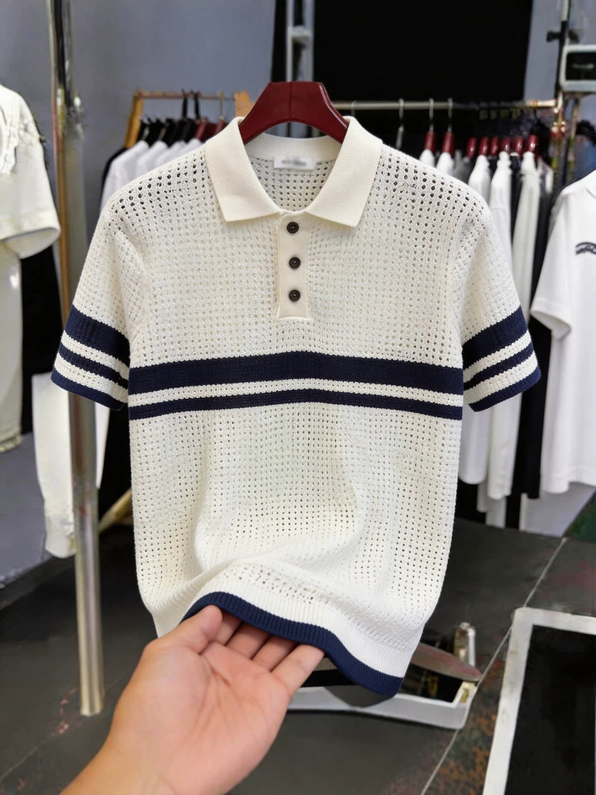 Light Luxury Hollow-Out Striped Short-Sleeve T-Shirt for Men, Old Money Style, Henley Collar Half-Sleeve Knit Polo Shirt, High-End Look