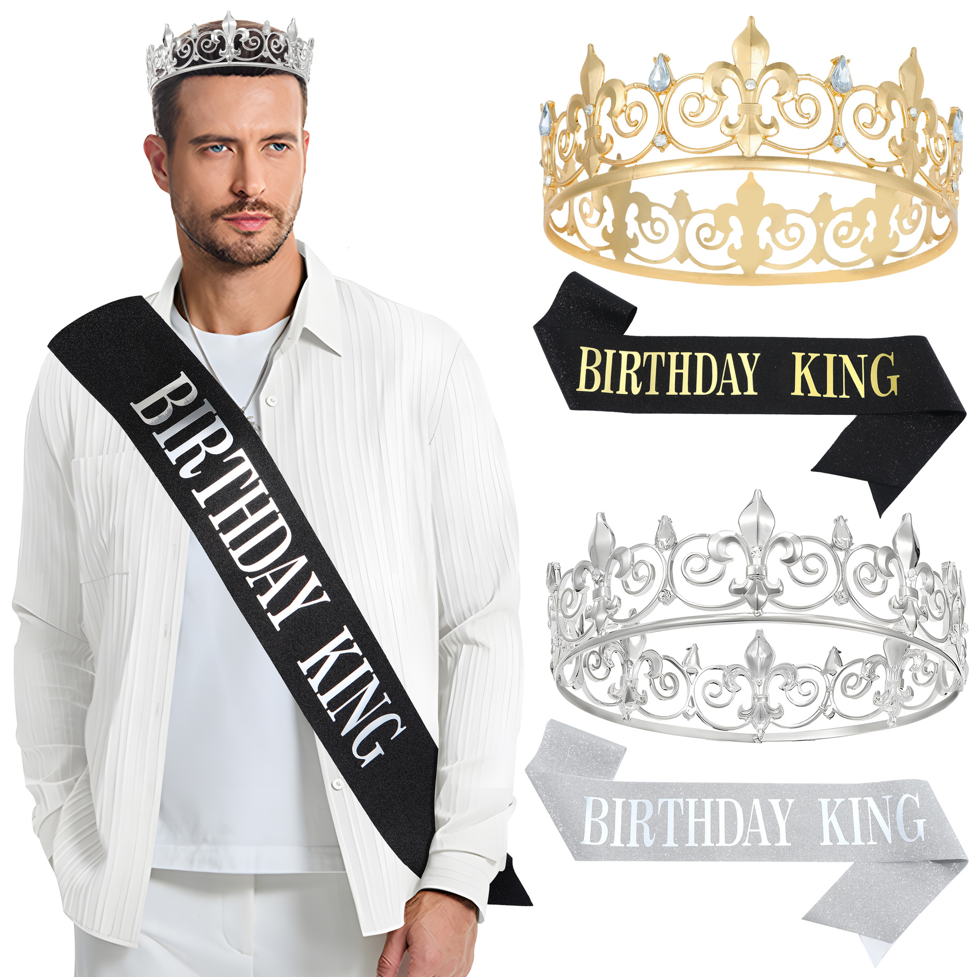 European and American Men's Round Crown Crown birthday King Ribbon Birthday Party Decorative Alloy Headwear Accessories