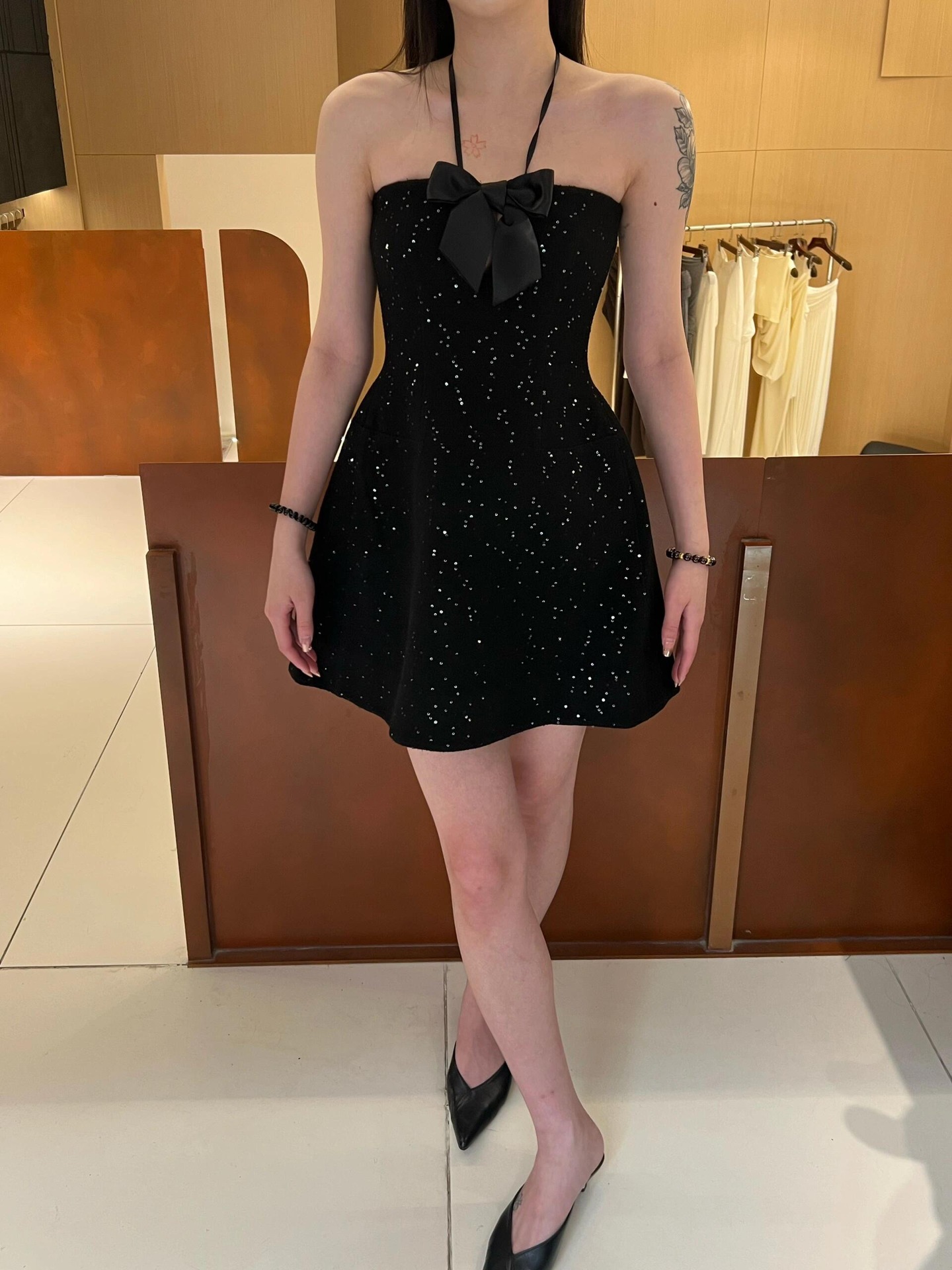[Clearout No Returns or Exchanges] Wool Fabric Daughter of Gold Style Little Black Dress Slim Dress Bow Princess Dress for Women