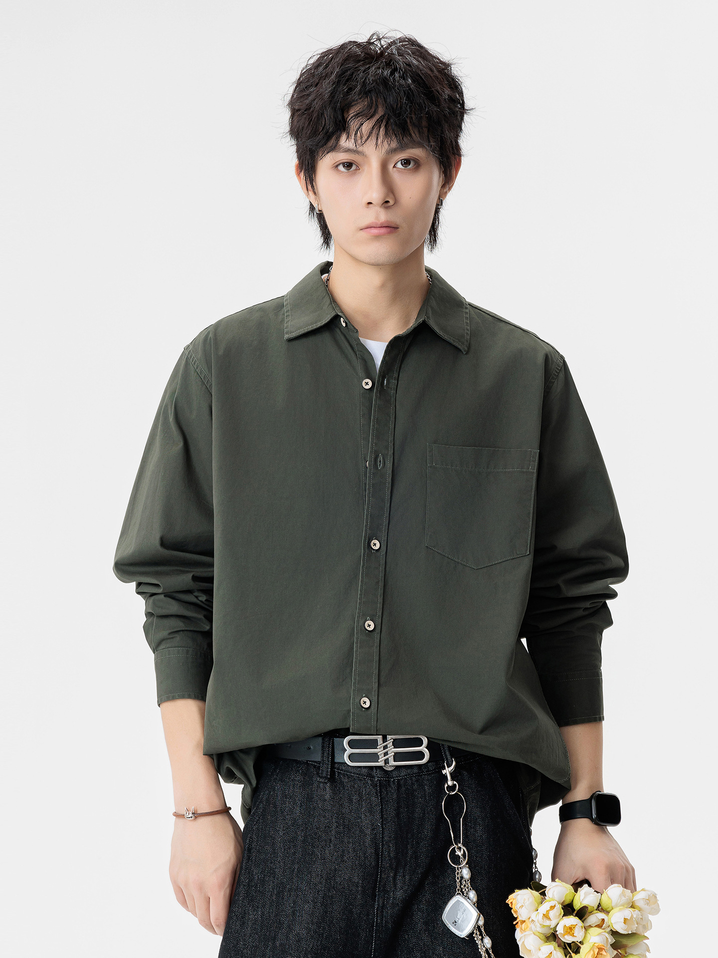Jianheng's New American Retro Style Youth Trendy Solid Color High-End Men's Shirt, Long-Sleeve Shirt for Men and Women