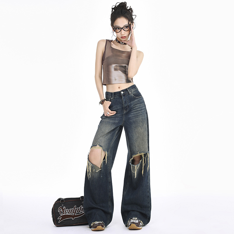 American Retro Raw Edge Ripped Jeans Women's 2024 New Hot Style Street Loose Wide Leg Easiest for Match Floor-mopping Pants