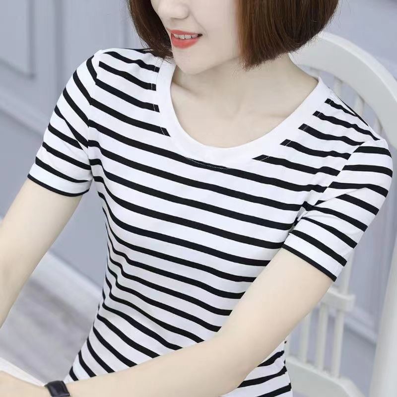 High Quality Striped Short Sleeve T-shirt Women's 2023 New Korean Style Round Neck T-shirt Slim-fit Slimming All-match Top Trendy