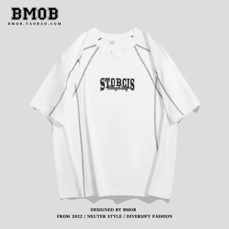 Bmob American Men and Women Topstitching Print Short Sleeve Retro Fashion Loose Half-Sleeve Base Couple Fashionable T-shirt
