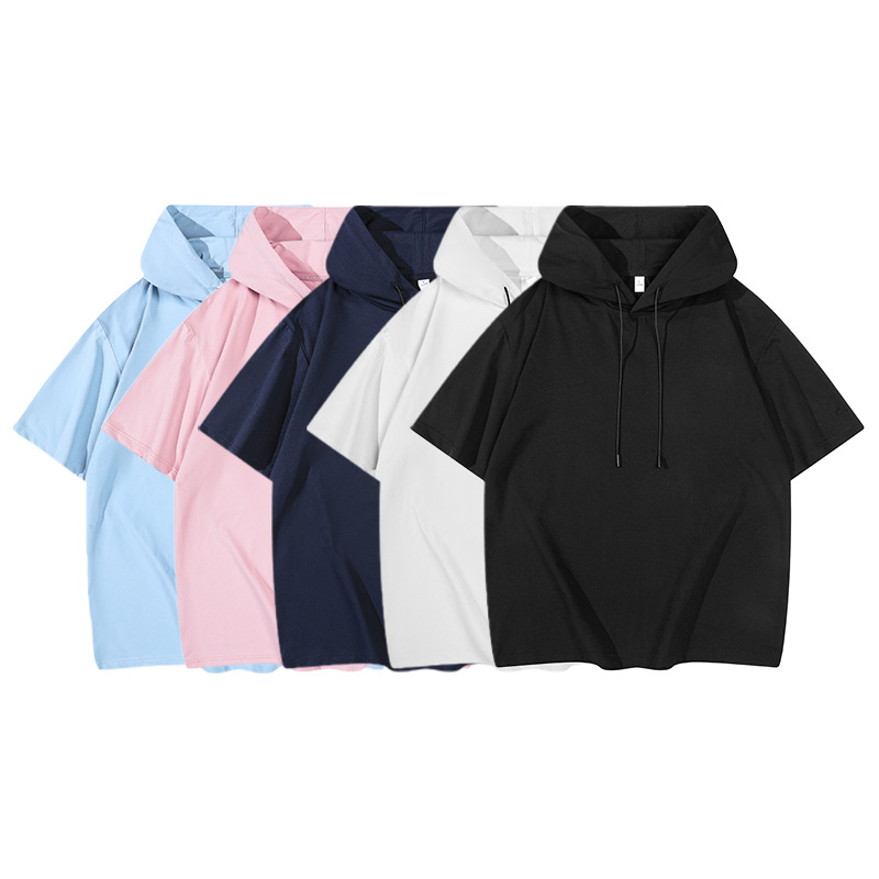 Hong Kong Style Solid Color T-Shirt Hoodie Summer Basic Loose Casual T-shirt Printable Pattern Hooded Short Sleeves
