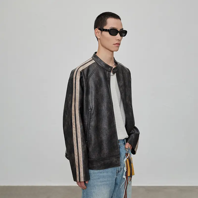 [Nans] Tie-Dye Process Retro Sfumato Style Raglan Split Contrast Color Lines Patchwork Round Neck Pu Short jacket