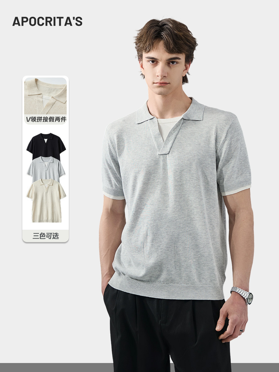Apo Men's Clothing | Cross-Border Linen Knit Short-Sleeve Polo Shirt for Men, Summer Old Money Style, Color-Blocked Turn-Down Collar, Faux Two-Piece Top.