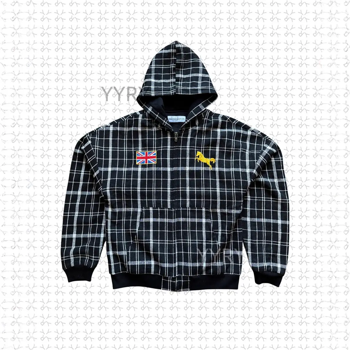 European and American foreign trade personalized embroidery checkered pocket sweatshirt long sleeved pullover hooded sweatshirt retro jacket street trend