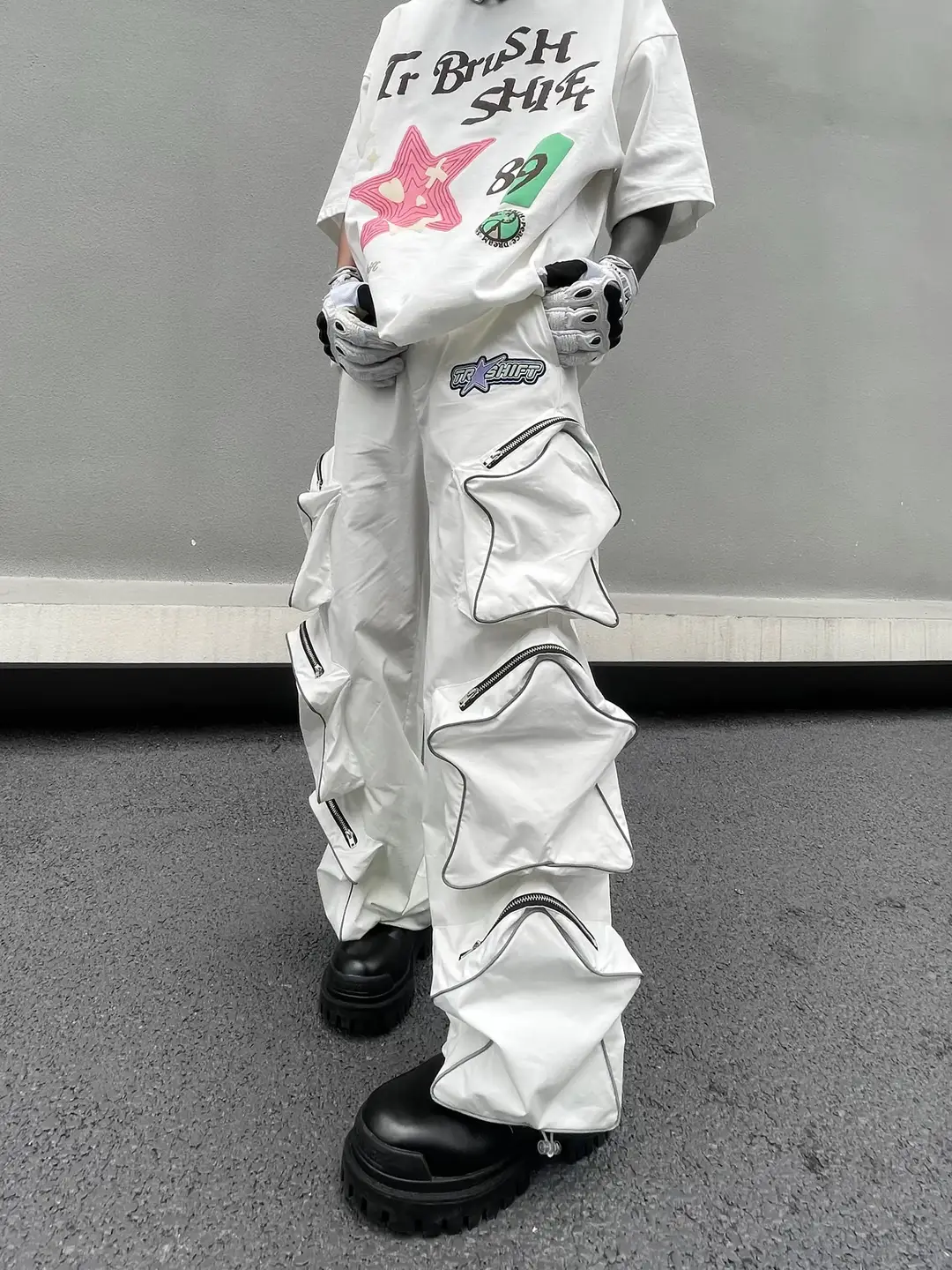 Tr Brushshift Niche style Pioneer Dark Profile Five-Pointed Star Three-Dimensional Patch Pocket Reflective Casual Straight-Leg Pants Trendy