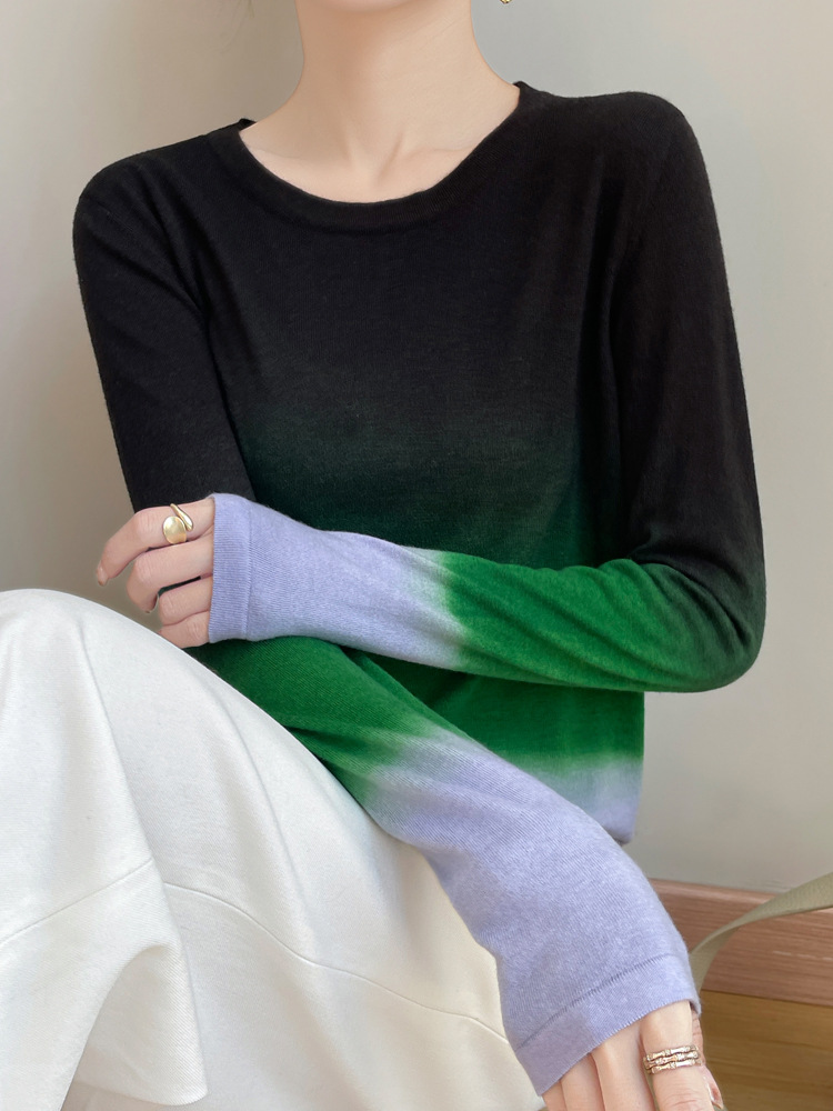 French Style Gradual Design Sense Wool Sweater Top Spring New All-match Round Neck Long Sleeve T-shirt Women's Thin