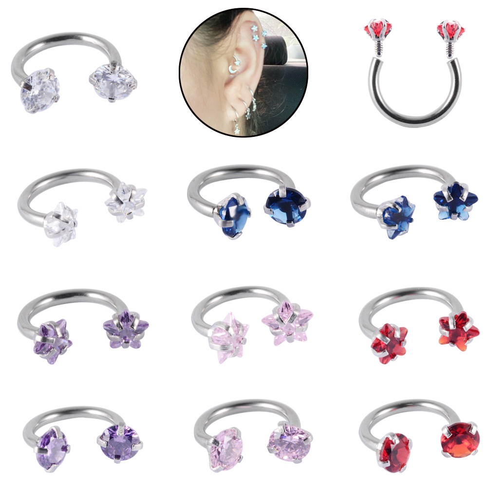 Cross-border C- shaped multi-color zircon lip ring stainless steel internal thread horseshoe nose ring U-shaped puncture internal tooth ear bone ring earrings