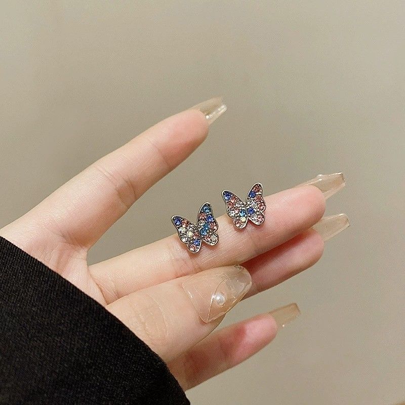 s925 Korean-style New Trendy Colorful Zircon Butterfly Earrings Sweet and Cool ins Niche Design All-match Fashion Earrings